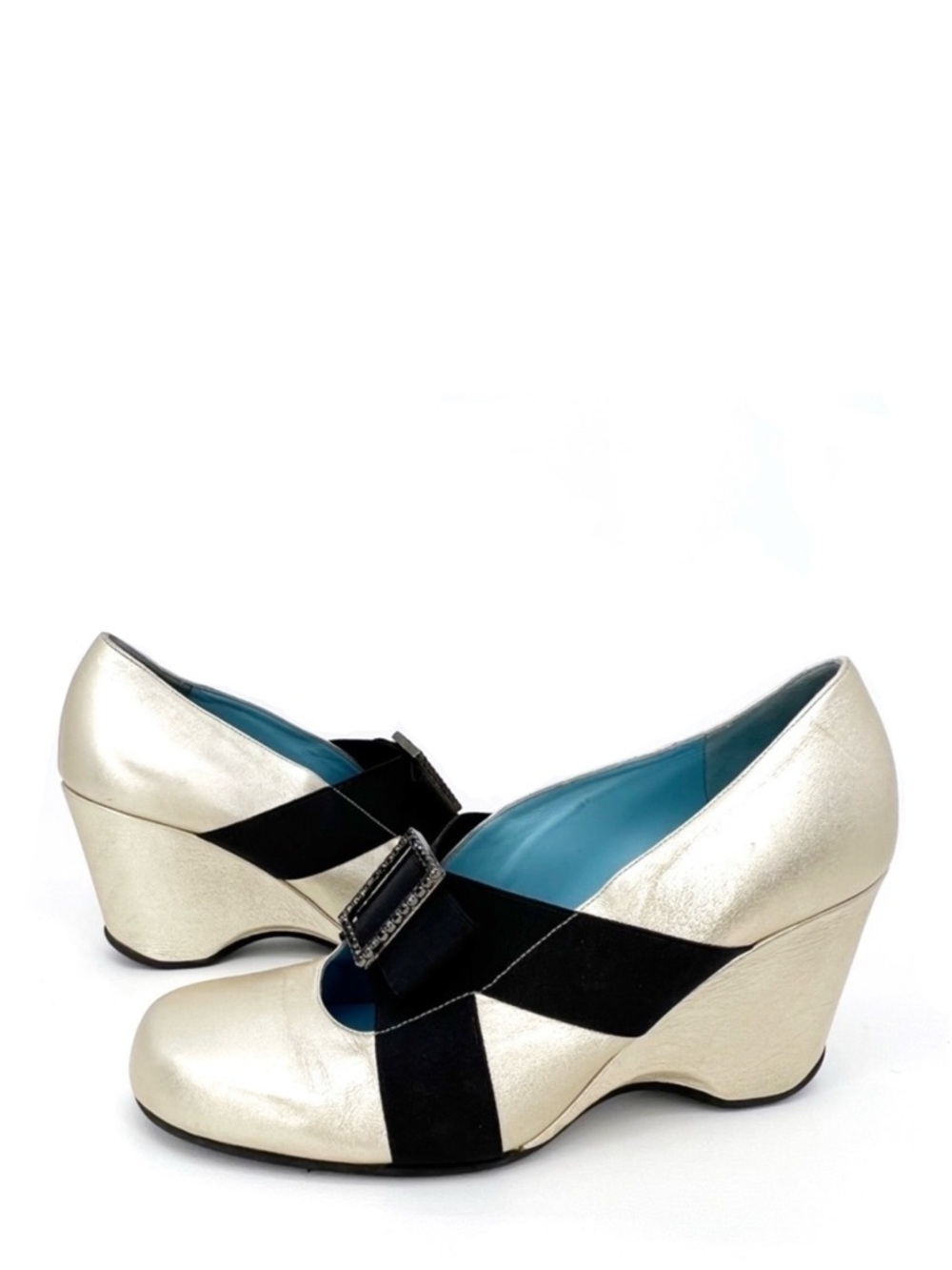 Thierry Rabotin Shoes Wedge Heels Size 5.5 Platinum (gold/silver) Black Jeweled